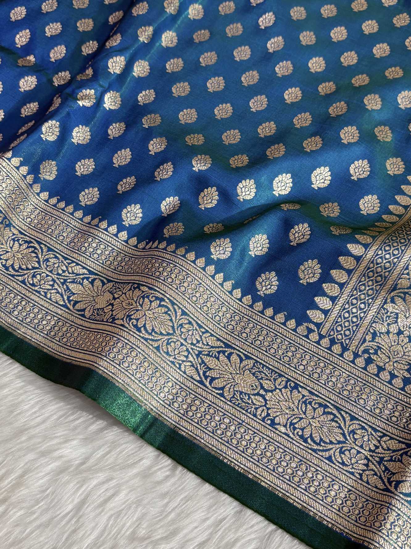 DhupChav Motif Satin Silk Banarasi Saree with Golden Zari