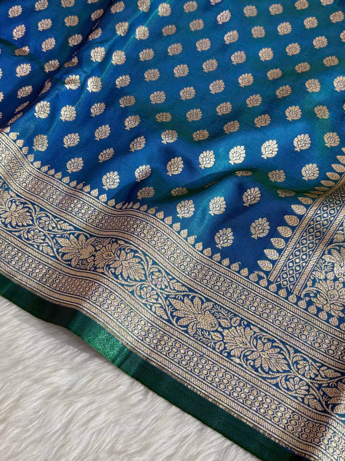 DhupChav Motif Satin Silk Banarasi Saree with Golden Zari