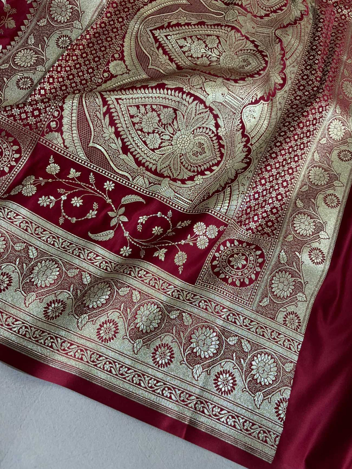 Maroon Soft Kataan Silk Banarasi Saree Light Gold Work