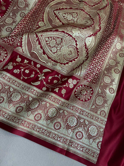 Maroon Soft Kataan Silk Banarasi Saree Light Gold Work
