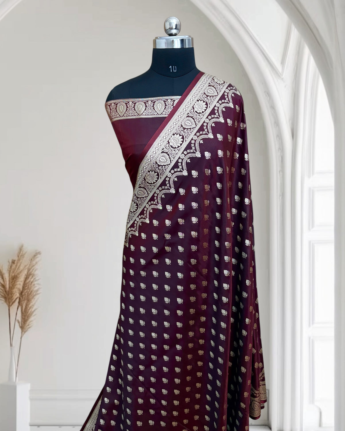 Dark Maroon Satin Silk Banarasi Saree