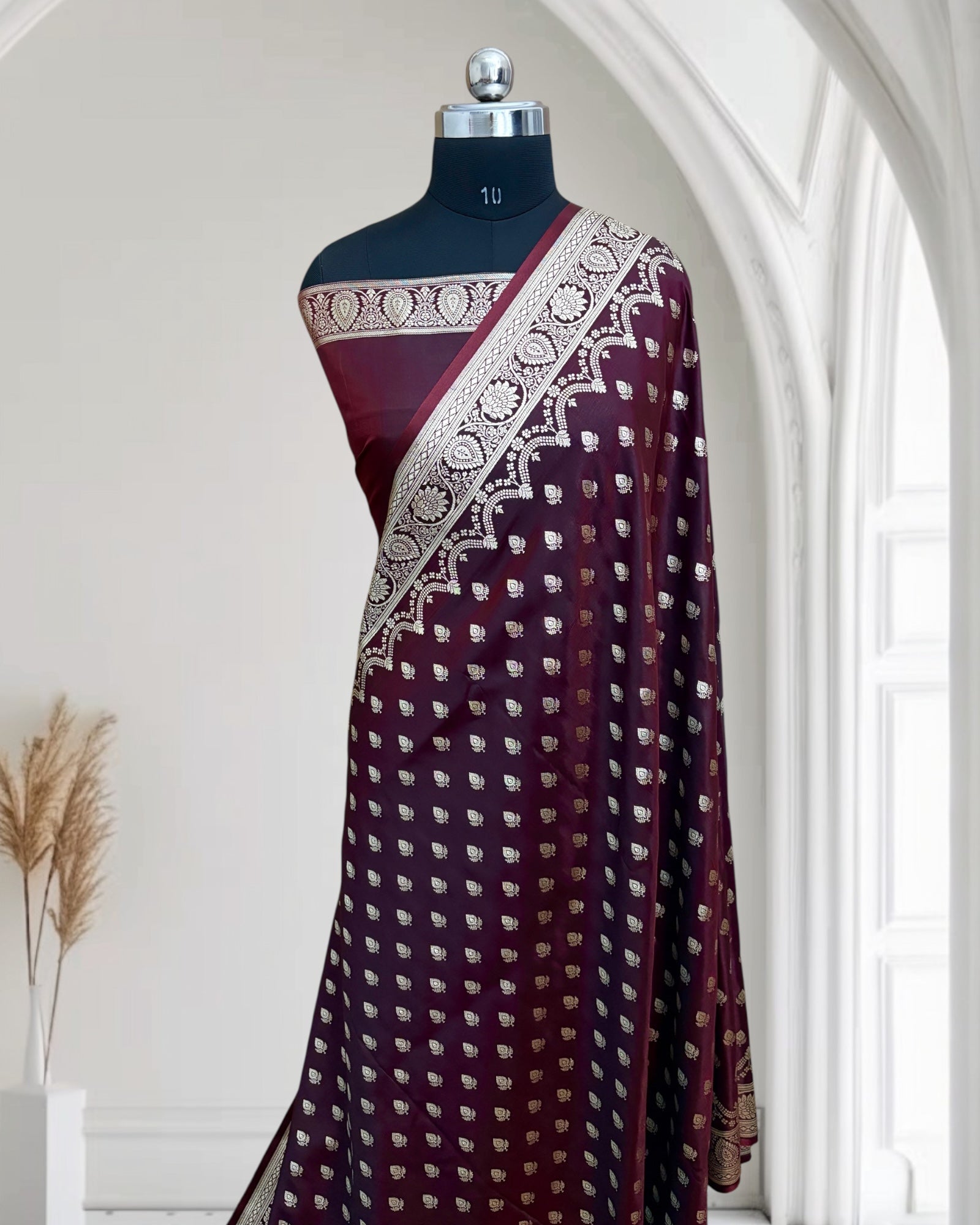 Dark Maroon Satin Silk Banarasi Saree