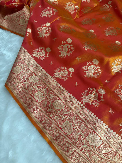 MorPankhi Orange Shaded Satin Silk Banarasi Saree