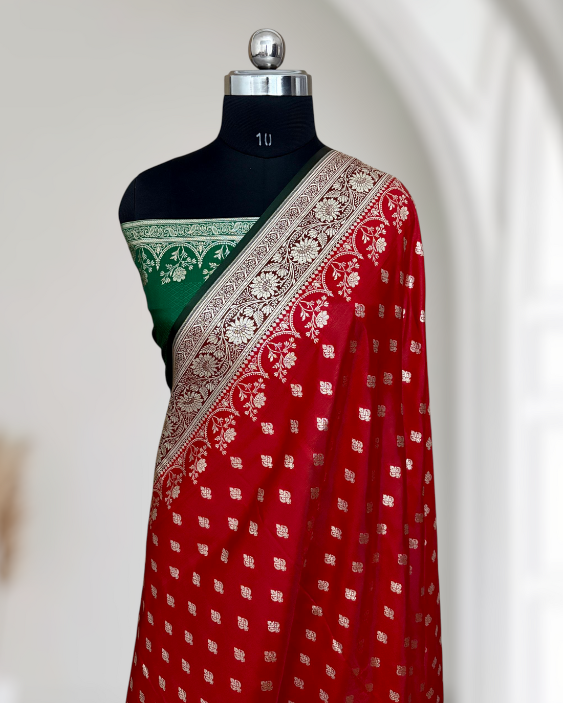 Red with Green Pallu & Border Satin Silk Banarasi Saree