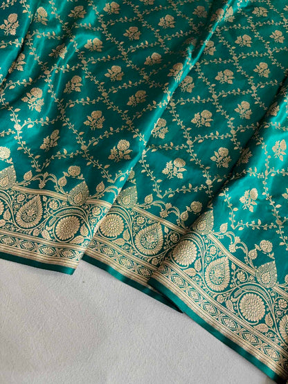 Rama Green Bel Jaal Satin Silk Banarasi Saree
