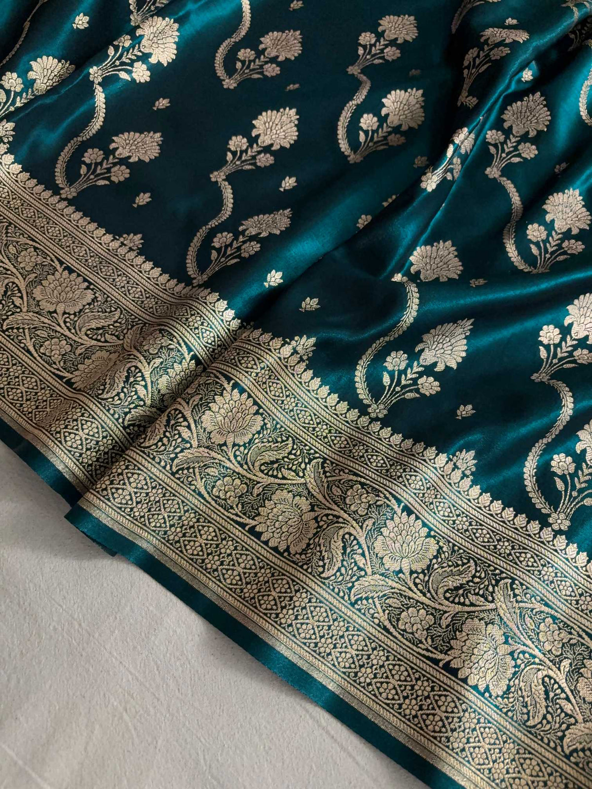 Teal Fancy Satin Silk Banarasi Saree – Tircha Jaal