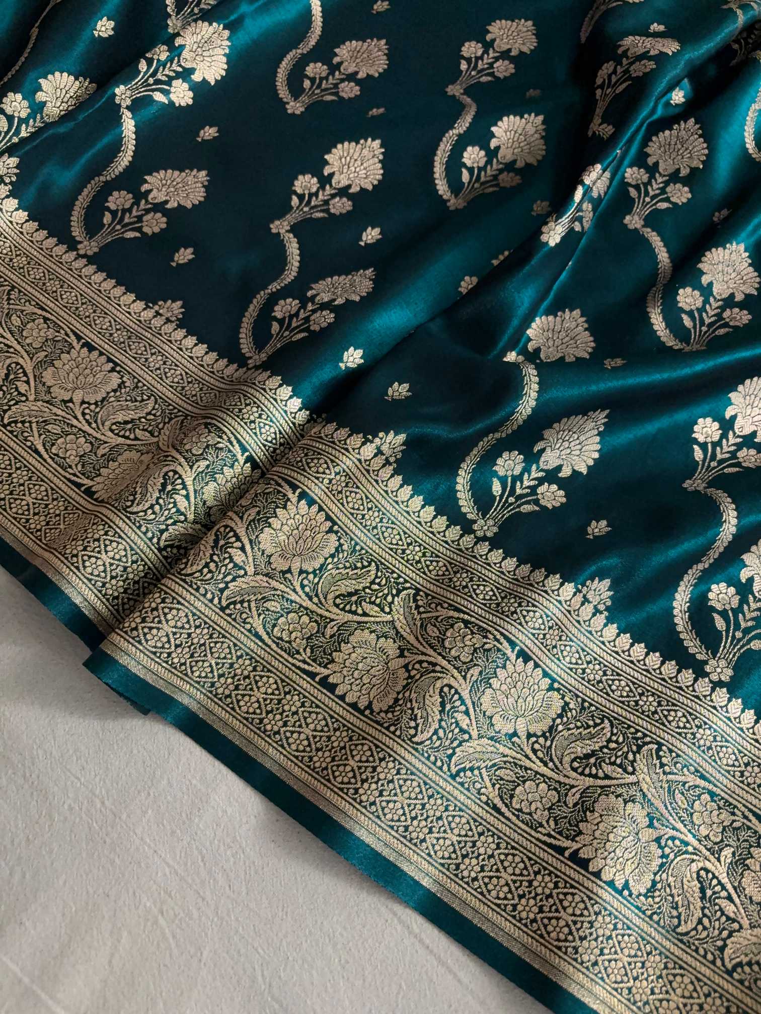 Teal Fancy Satin Silk Banarasi Saree – Tircha Jaal