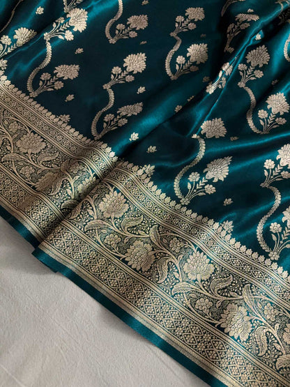 Teal Fancy Satin Silk Banarasi Saree – Tircha Jaal