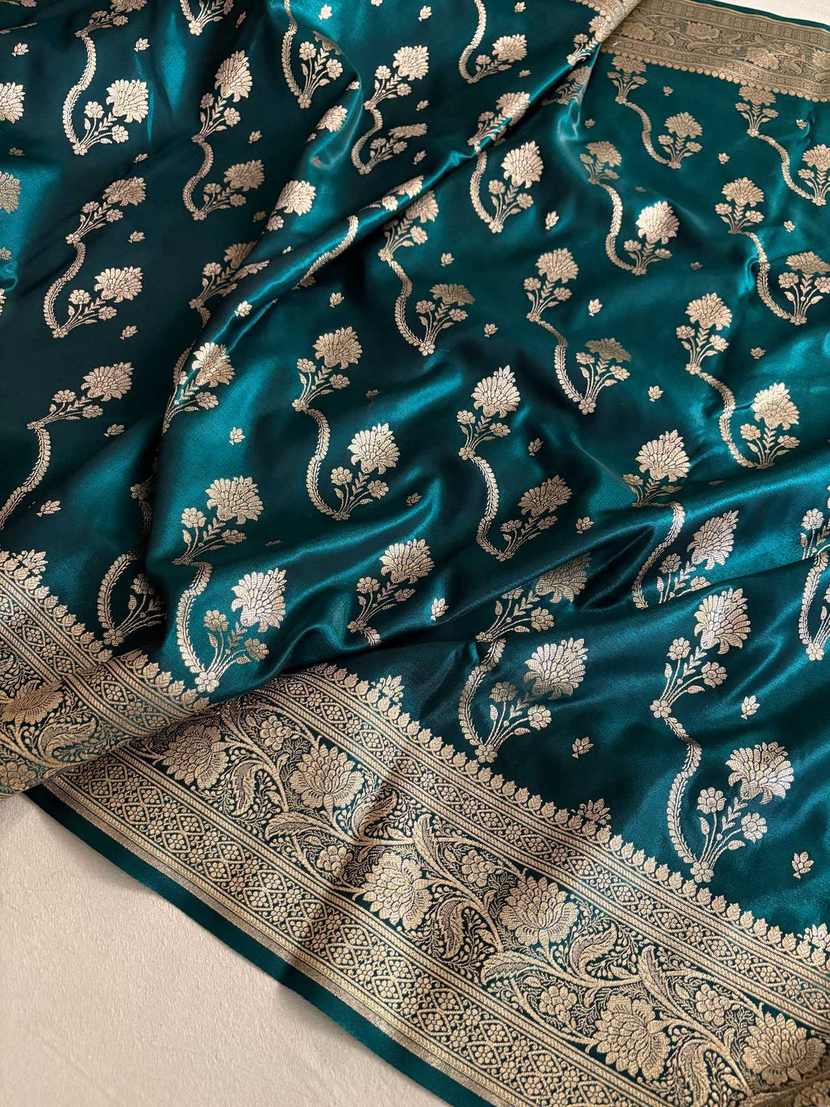 Teal Fancy Satin Silk Banarasi Saree – Tircha Jaal