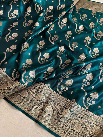 Teal Fancy Satin Silk Banarasi Saree – Tircha Jaal