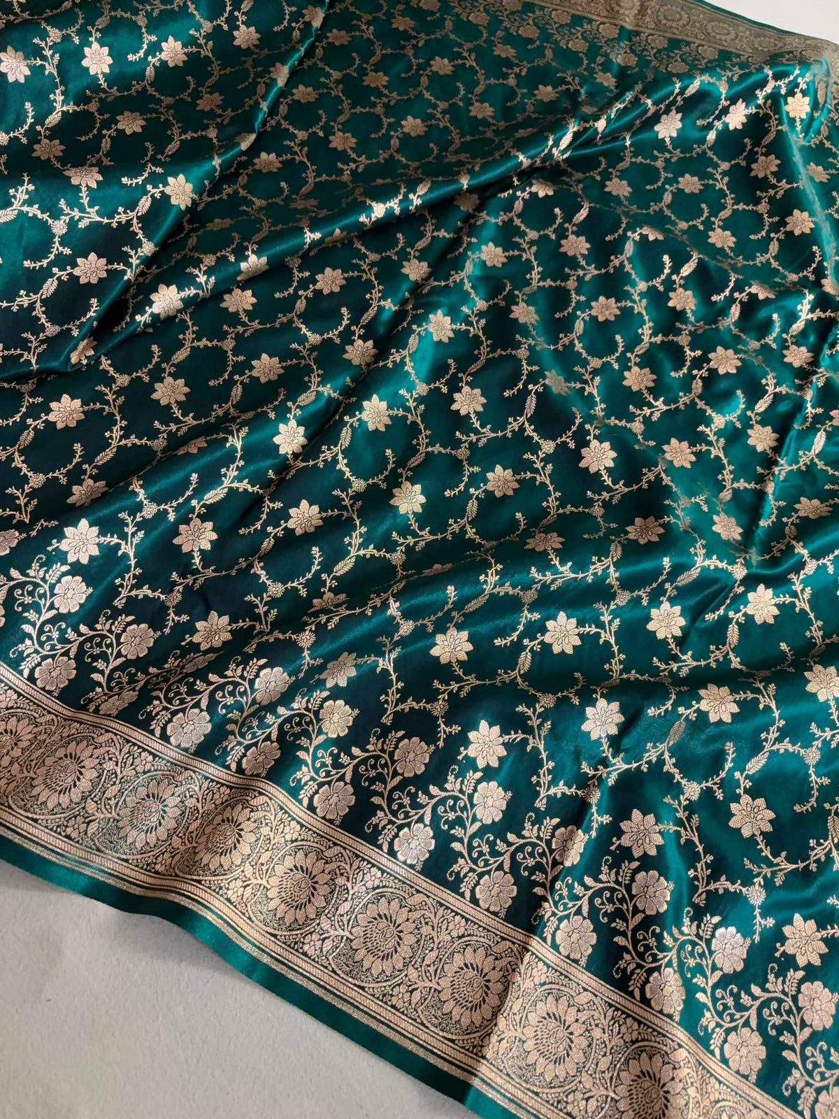 Teal Green Silk Banarasi Saree Floral Swarna Latika Jaal