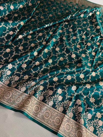 Teal Green Silk Banarasi Saree Floral Swarna Latika Jaal