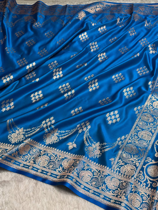 Royal Blue Kataan Silk Banarasi Saree – Light Golden Zari Buti