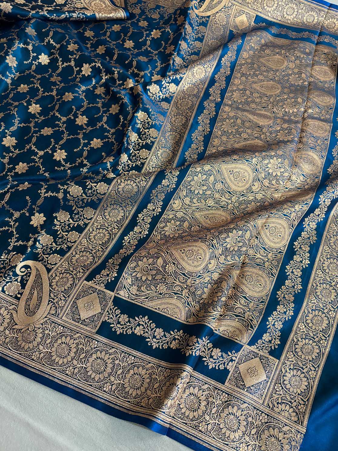 Teal Blue Satin Silk Banarasi Saree Floral Swarna Latika Jaal