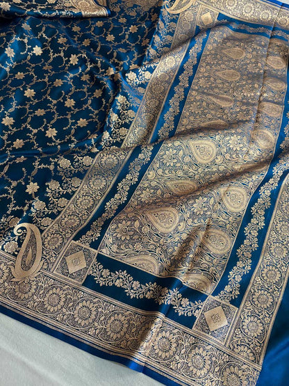 Teal Blue Satin Silk Banarasi Saree Floral Swarna Latika Jaal