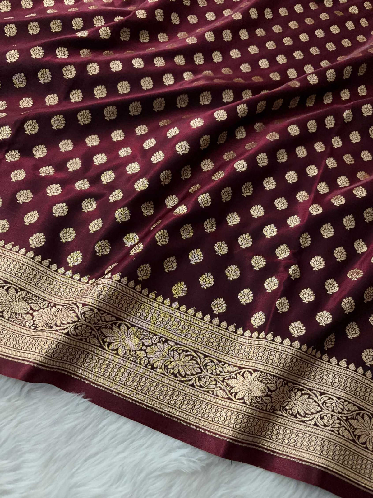 Dark Maroon Satin Silk Banarasi Motif Saree