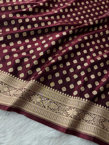 Dark Maroon Satin Silk Banarasi Motif Saree