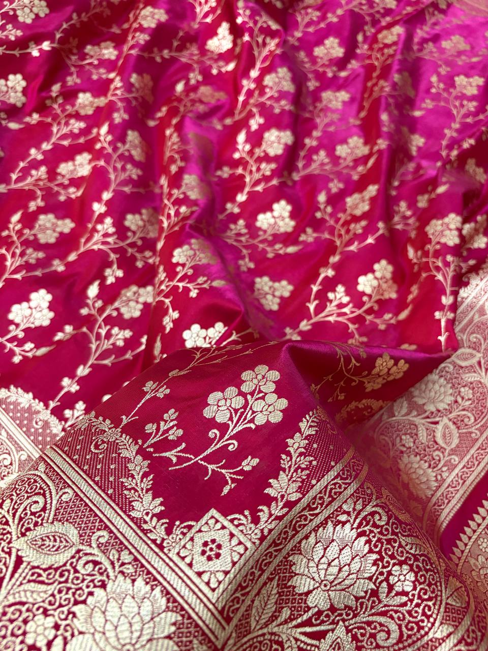 Rani Pink Satin Silk Banarasi Saree with Jaal Pattern