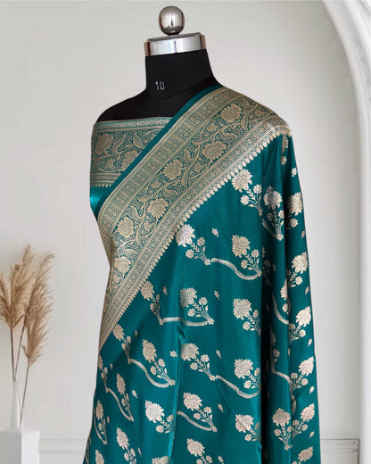 Rama Green Fancy Satin Silk Banarasi Saree – Tircha Jaal