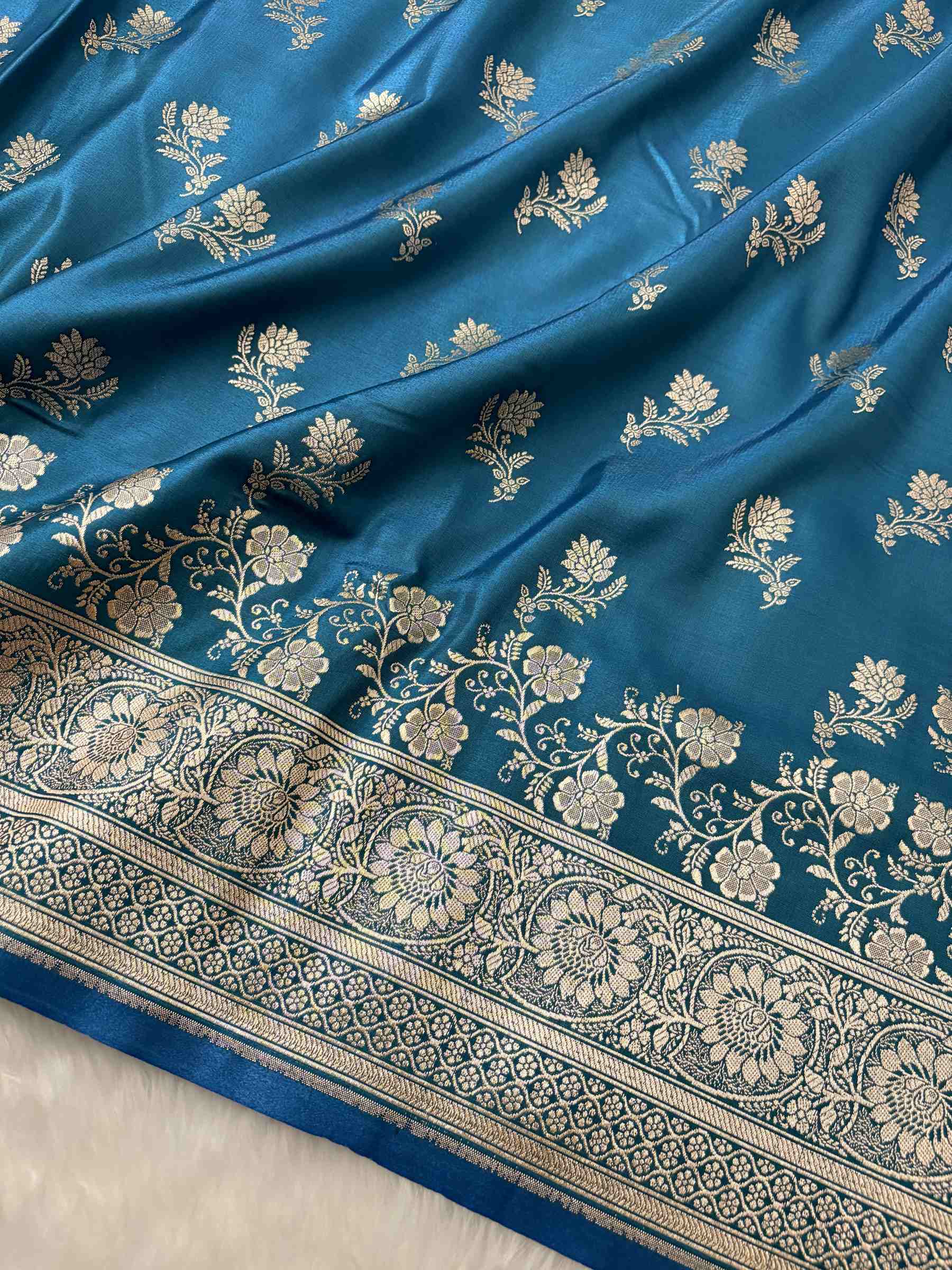 Firoza with Golden Zari Work and Rose Buti Design Satin Silk Banarasi Saree