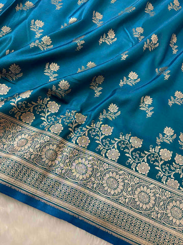 Firoza with Golden Zari Work and Rose Buti Design Satin Silk Banarasi Saree