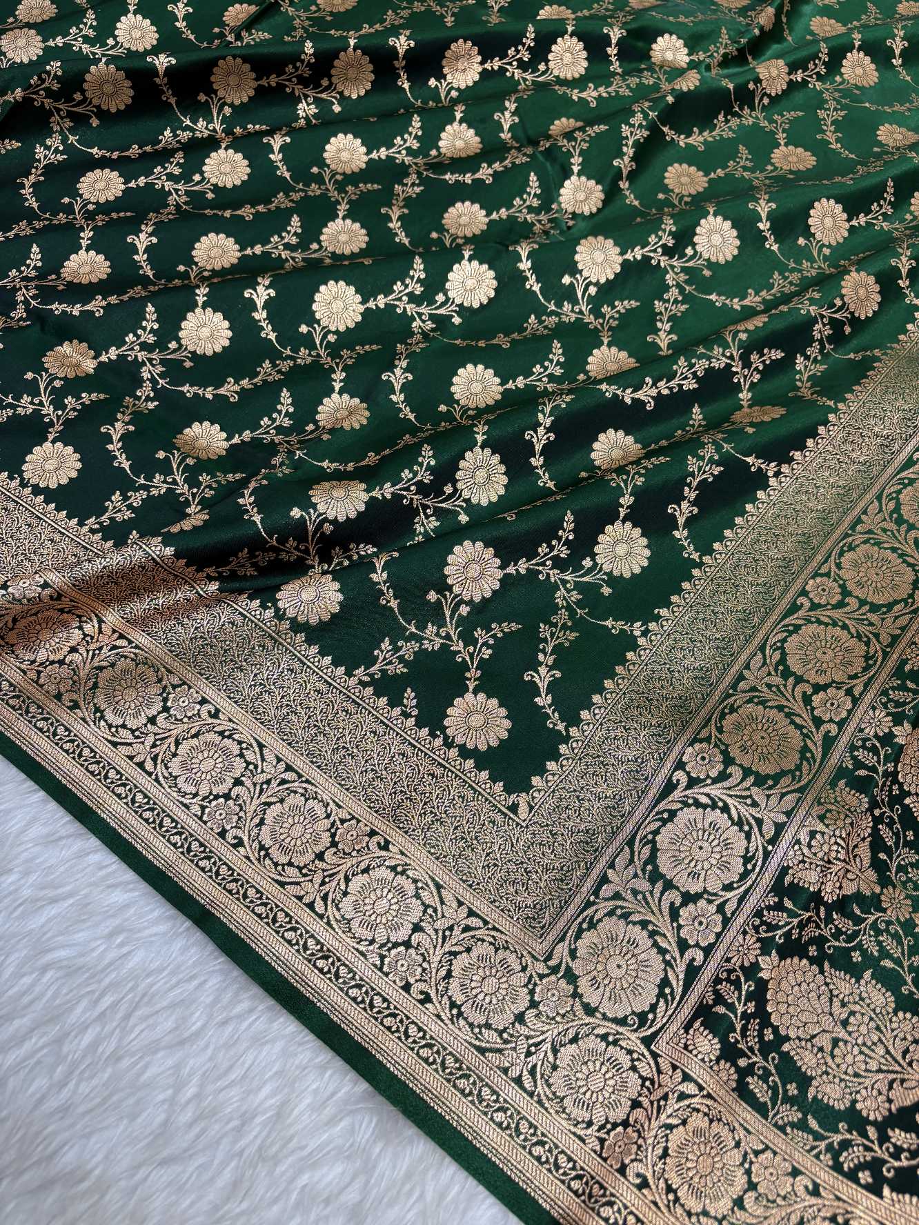 Botel Green Satin Silk Banarasi Saree with Golden Zari Floral Bel Jaal