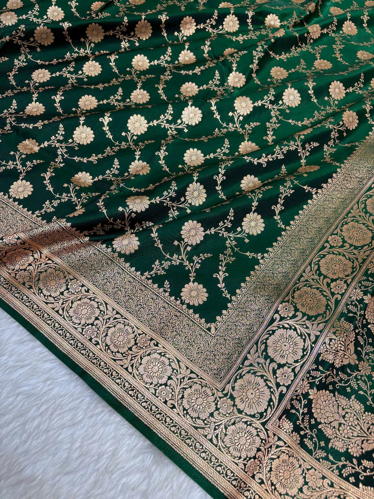 Botel Green Satin Silk Banarasi Saree with Golden Zari Floral Bel Jaal