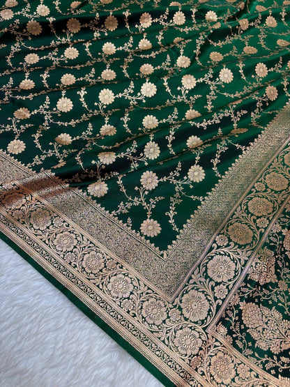 Botel Green Satin Silk Banarasi Saree with Golden Zari Floral Bel Jaal