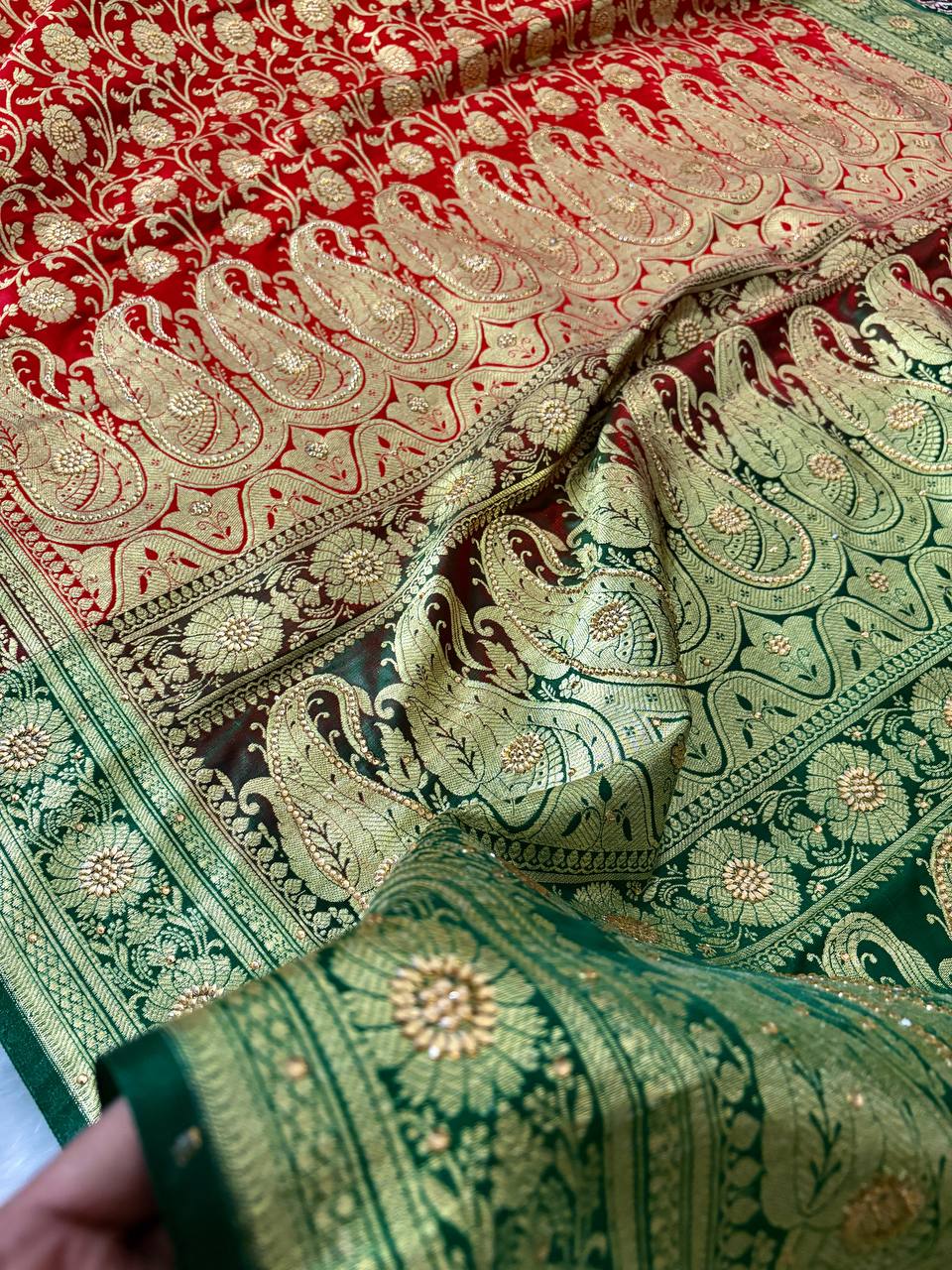 Red Saree with Green Pallu & Swarovski Work