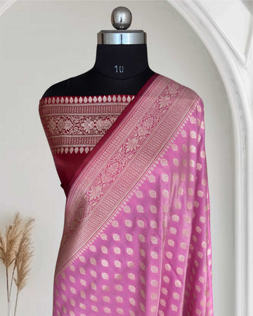 Pink & Maroon Motif Satin Silk Banarasi Saree