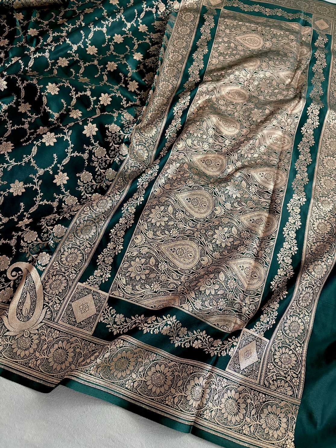 Teal Green Silk Banarasi Saree Floral Swarna Latika Jaal