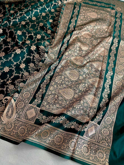 Teal Green Silk Banarasi Saree Floral Swarna Latika Jaal