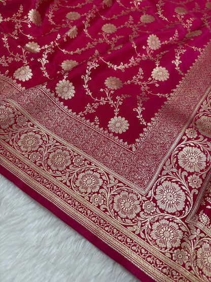Rani Pink Satin Silk Banarasi Saree with Golden Zari Floral Bel Jaal