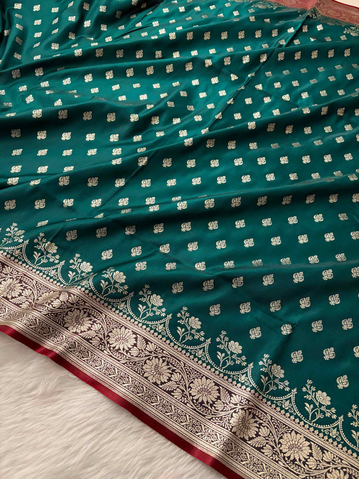 Rama Green & Red Buti Satin Silk Banarasi Saree