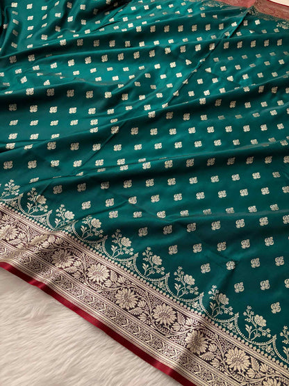 Rama Green & Red Buti Satin Silk Banarasi Saree