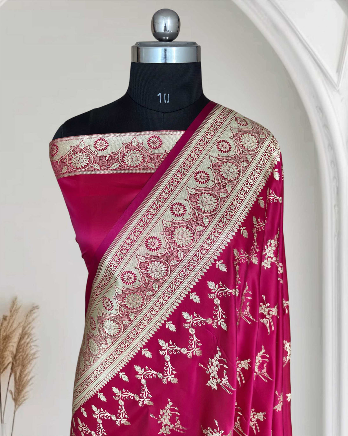 Rani Pink Soft Kataan Silk Banarasi Saree Light Gold Work