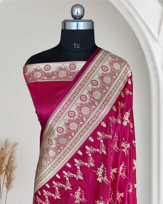 Rani Pink Soft Kataan Silk Banarasi Saree Light Gold Work