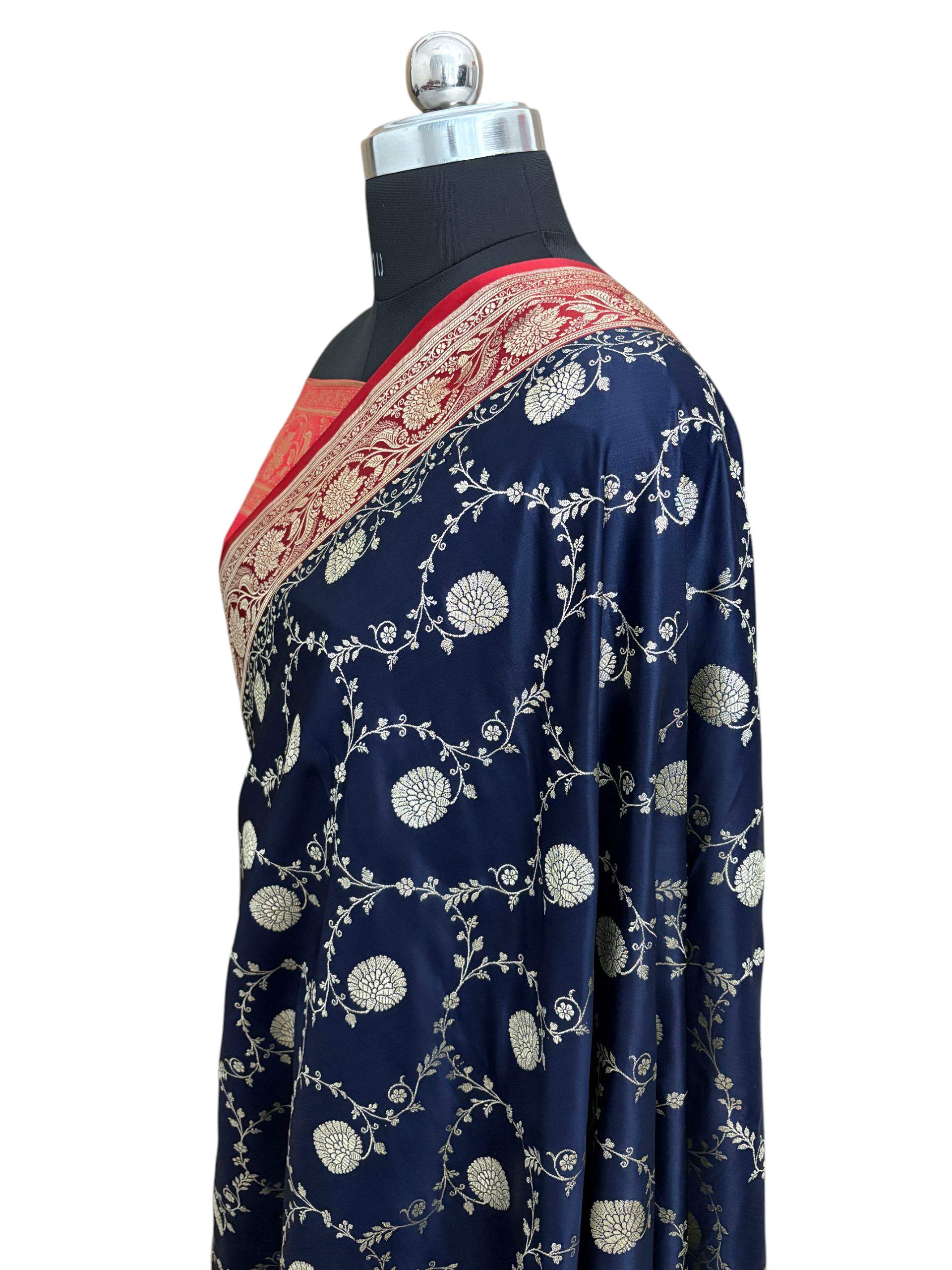 Blue with Red Pallu &amp; Border Kataan Silk Banarasi Saree