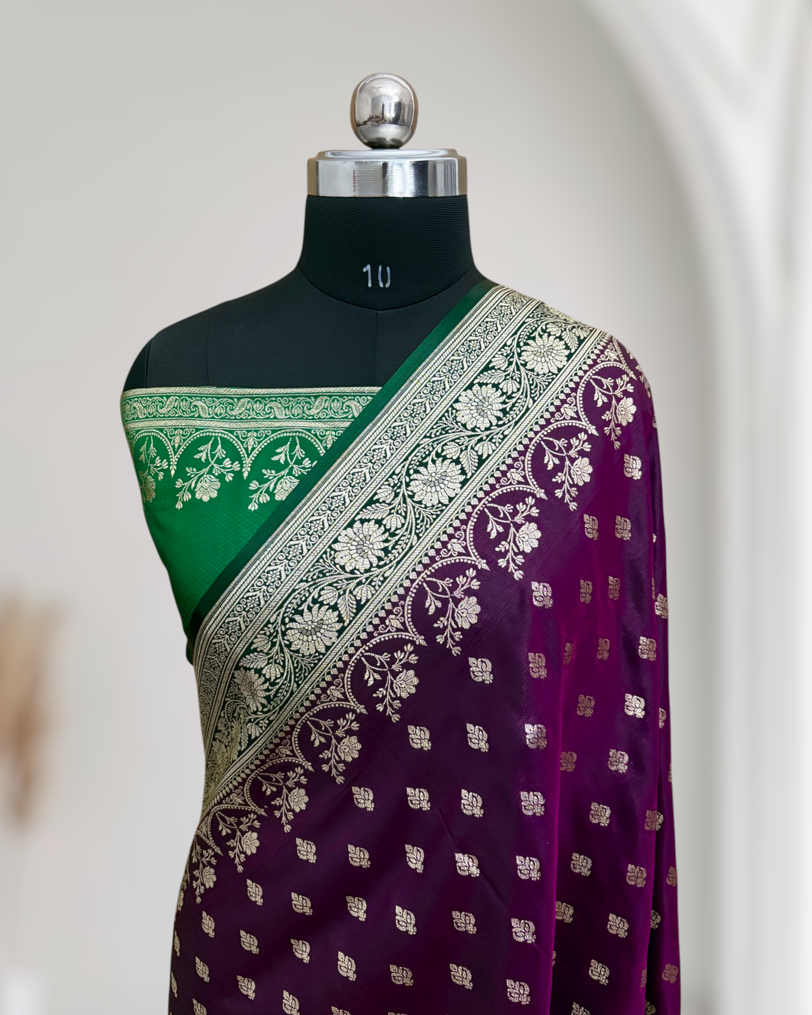 Wine with Green Pallu & Border Banarasi Saree