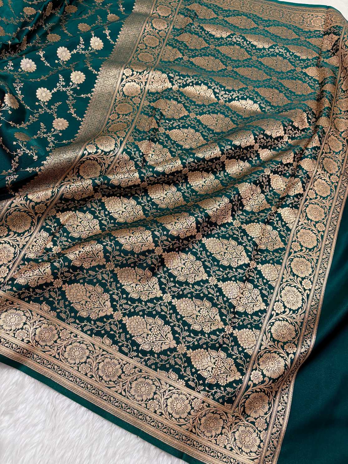 Teal Green Satin Silk Banarasi Saree with Golden Zari Floral Bel Jaal