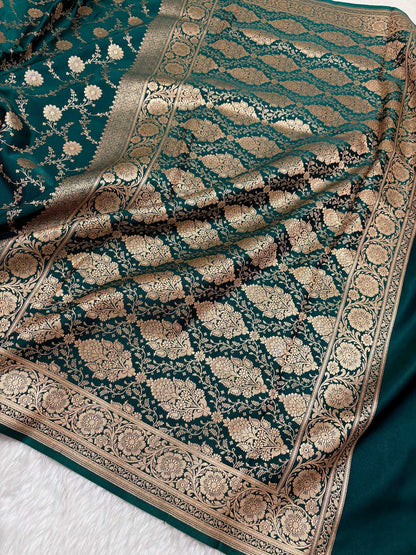 Teal Green Satin Silk Banarasi Saree with Golden Zari Floral Bel Jaal