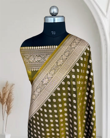 Mehdi Green Satin Silk Banarasi Motif Saree