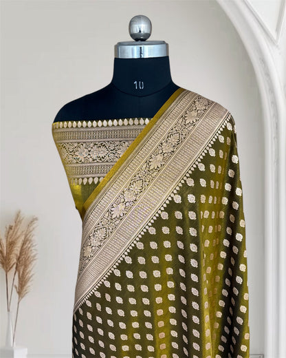 Mehdi Green Satin Silk Banarasi Motif Saree