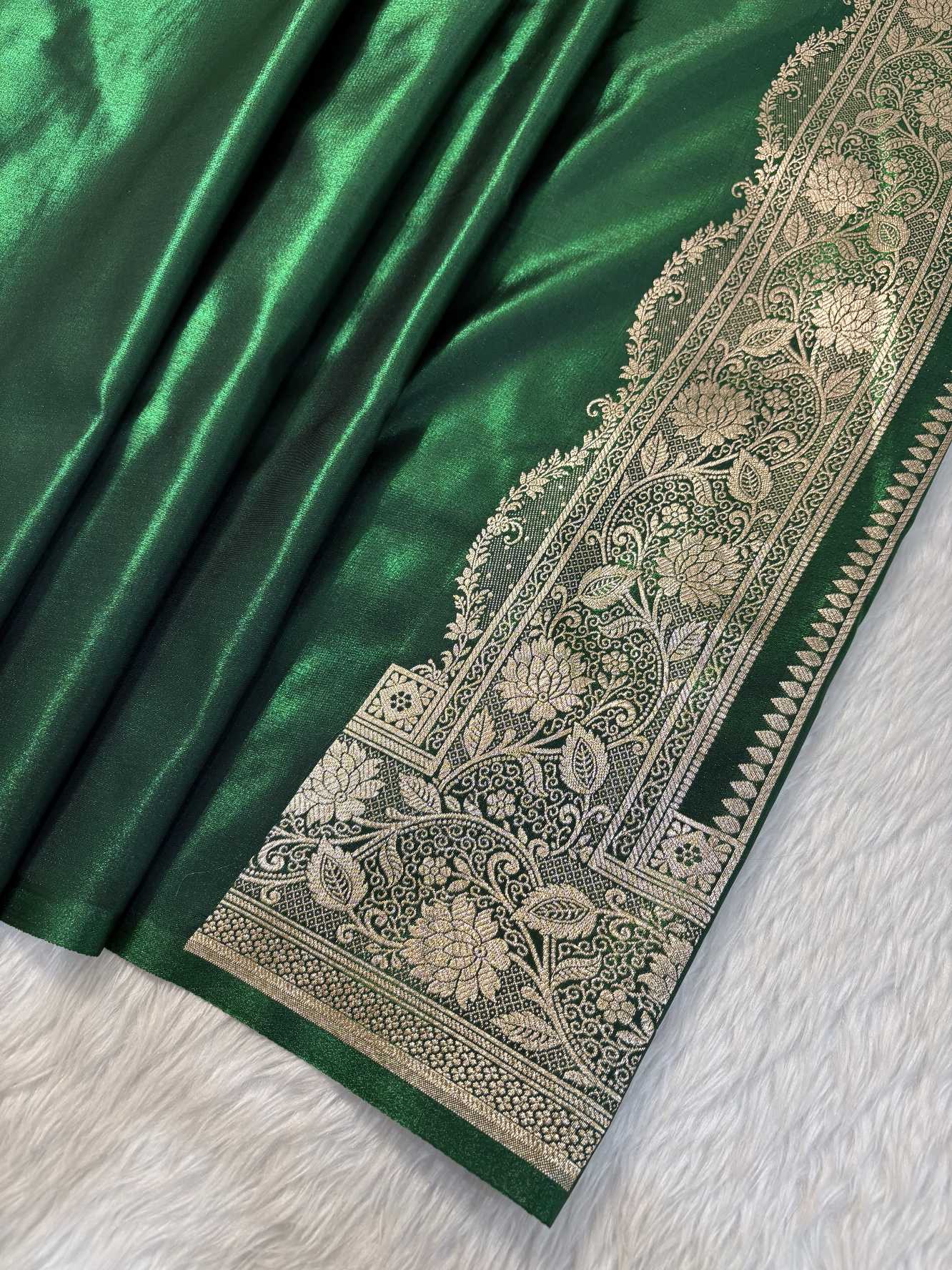 MorPhank Botel Green Satin Silk Banarasi Saree with Golden Zari