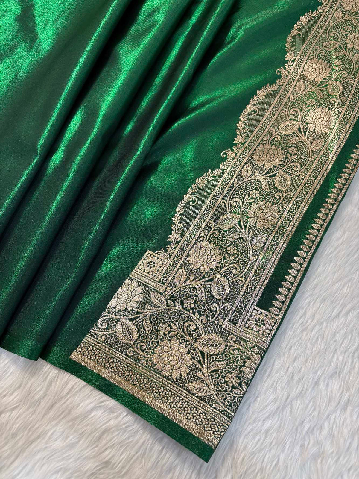 MorPhank Botel Green Satin Silk Banarasi Saree with Golden Zari