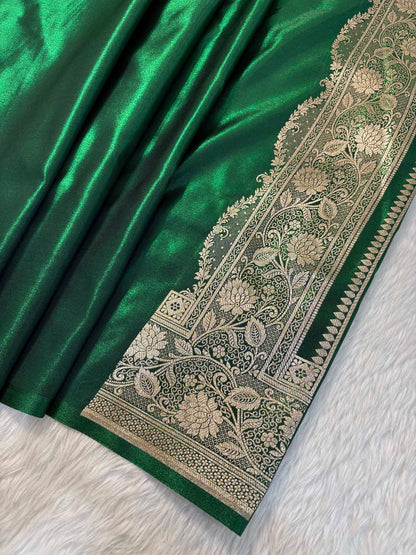 MorPhank Botel Green Satin Silk Banarasi Saree with Golden Zari