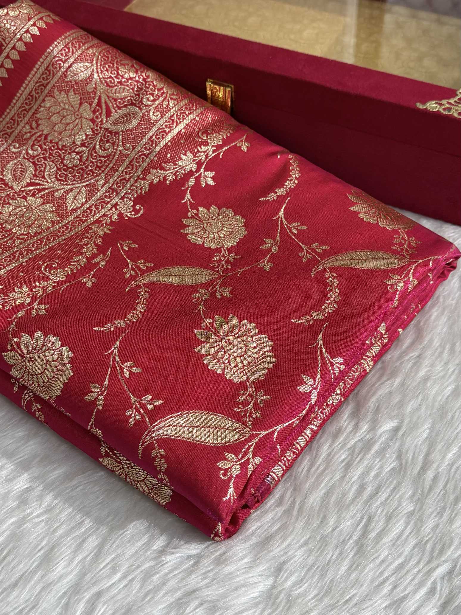 Rani Pink Satin Silk Banarasi Saree with Golden Zari Classic Jaal