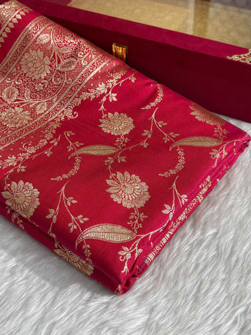 Rani Pink Satin Silk Banarasi Saree with Golden Zari Classic Jaal