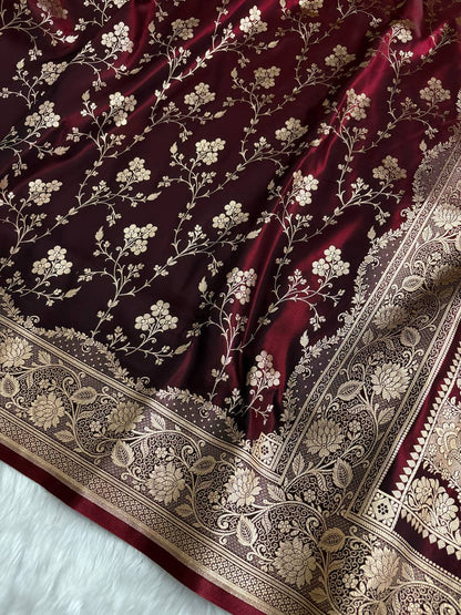 Dark Maroon Satin Silk Banarasi Saree with Jaal Pattern