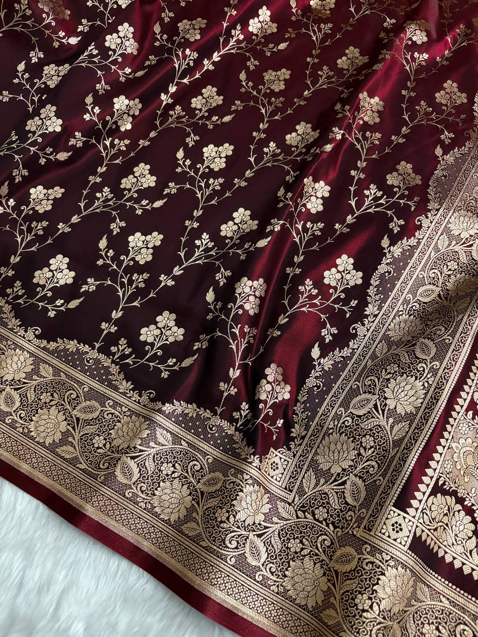 Dark Maroon Satin Silk Banarasi Saree with Jaal Pattern